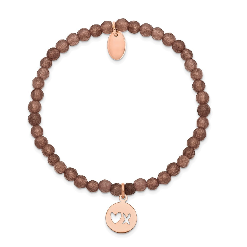 Chisel Stainless Steel Polished Rose IP-plated XO 4mm Brown Jade Beaded Stretch Bracelet SRB2366