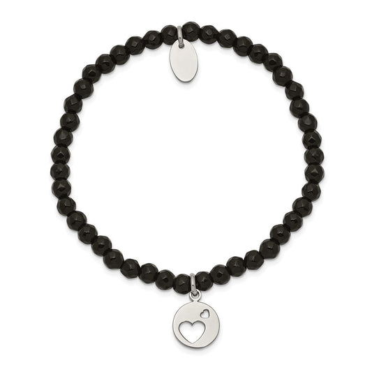 Chisel Stainless Steel Polished Hearts 4mm Black Jade Beaded Stretch Bracelet SRB2368