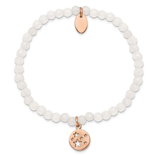 Chisel Stainless Steel Polished Rose IP-plated Stars 4mm White Jade Beaded Stretch Bracelet SRB2369