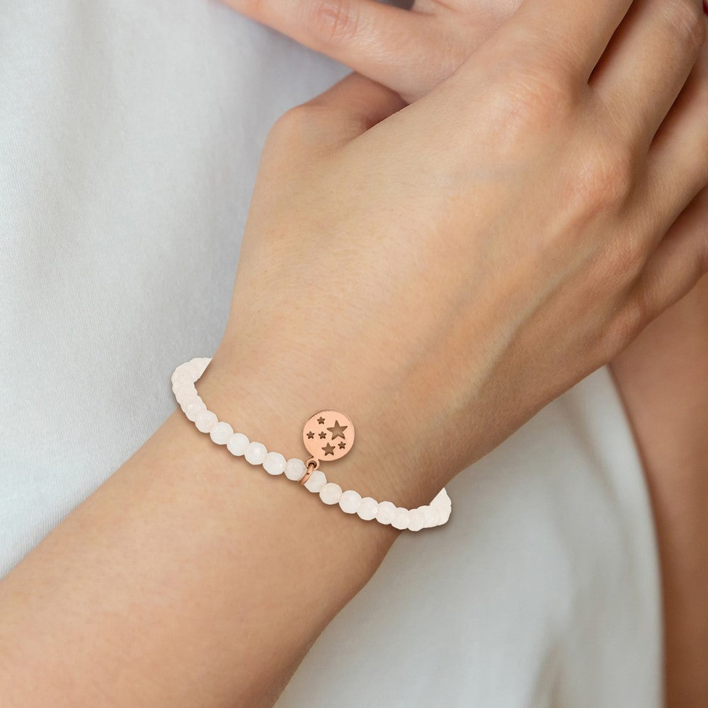 Chisel Stainless Steel Polished Rose IP-plated Stars 4mm White Jade Beaded Stretch Bracelet SRB2369