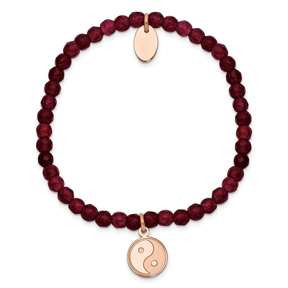 Chisel Stainless Steel Polished and Satin Rose IP-plated YingYang 4mm Red Jade Beaded Stretch Bracelet SRB2371