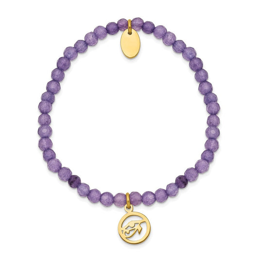 Chisel Stainless Steel Polished Yellow IP-plated Eye of Horus 4mm Purple Jade Beaded Stretch Bracelet SRB2372