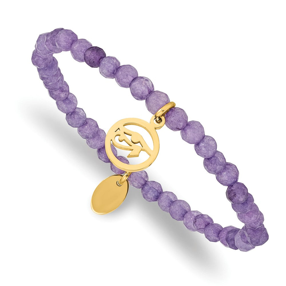 Chisel Stainless Steel Polished Yellow IP-plated Eye of Horus 4mm Purple Jade Beaded Stretch Bracelet SRB2372