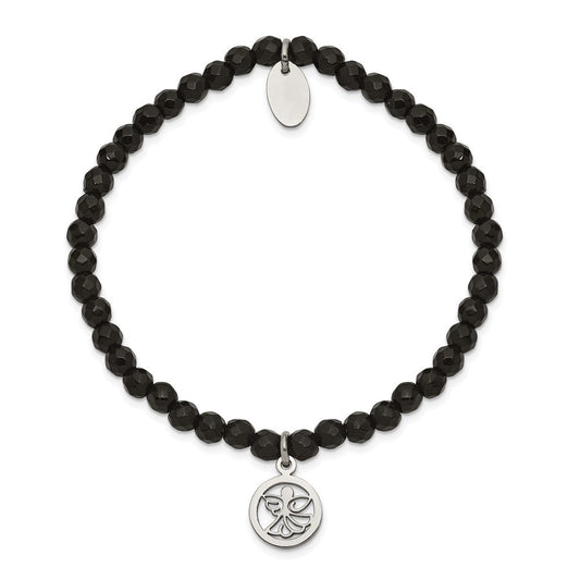 Chisel Stainless Steel Polished Angel 4mm Black Jade Beaded Stretch Bracelet SRB2377