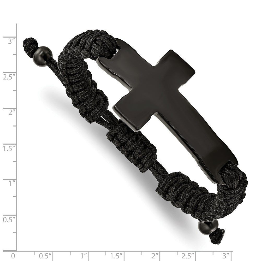 Chisel Stainless Steel Polished Black IP-plated Cross Black Nylon Adjustable Bracelet SRB2382