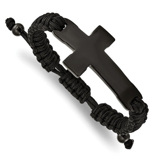 Chisel Stainless Steel Polished Black IP-plated Cross Black Nylon Adjustable Bracelet SRB2382