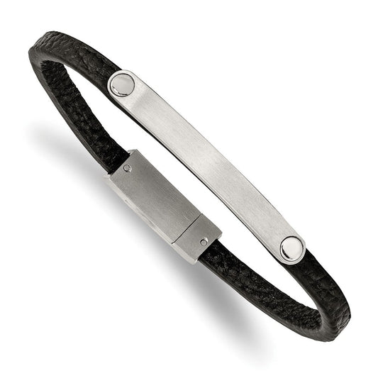 Chisel Stainless Steel Brushed Black Leather 8.25 inch ID Bracelet SRB2383-8.25