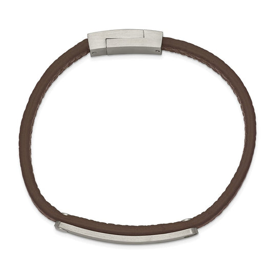 Chisel Stainless Steel Brushed Brown Leather 8.25 inch ID Bracelet SRB2384-8.25