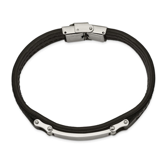 Chisel Stainless Steel Polished Black Leather 8.25 inch ID Bracelet SRB2387-8.25