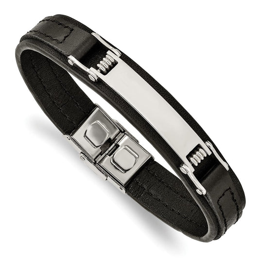 Chisel Stainless Steel Polished Black Leather 8.25 inch ID Bracelet SRB2387-8.25
