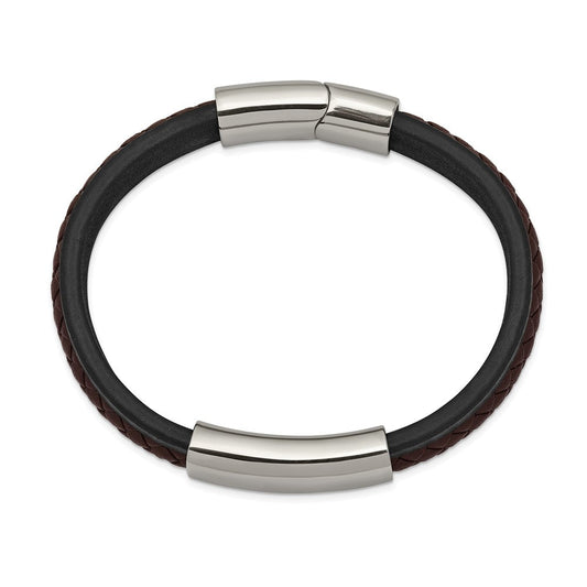 Chisel Stainless Steel Polished Black and Brown Braided Leather 8.25 inch ID Bracelet SRB2400-8.25