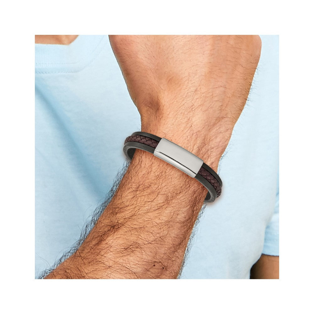 Chisel Stainless Steel Polished Black and Brown Braided Leather 8.25 inch ID Bracelet SRB2400-8.25