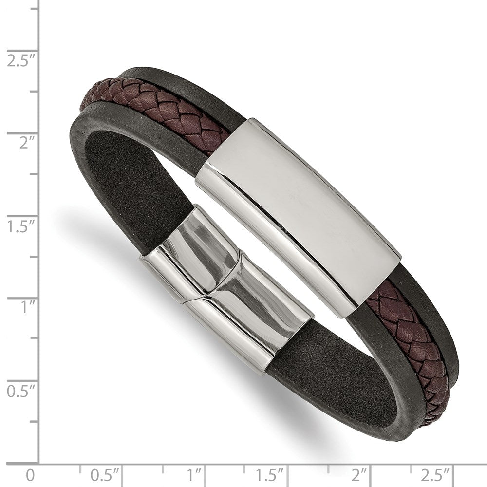 Chisel Stainless Steel Polished Black and Brown Braided Leather 8.25 inch ID Bracelet SRB2400-8.25