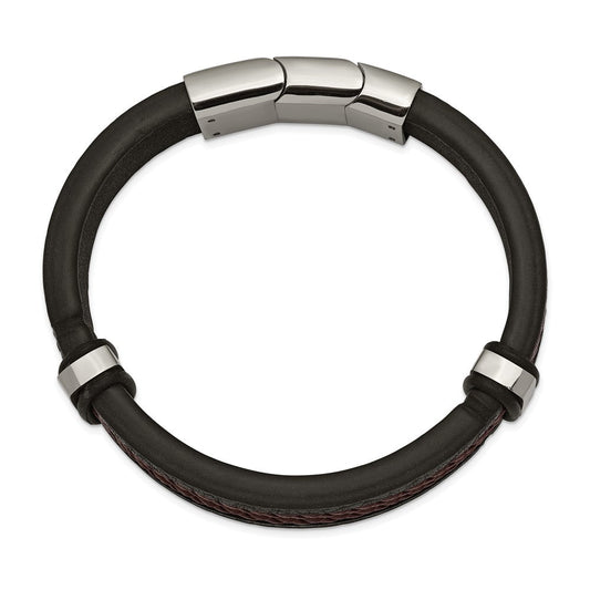 Chisel Stainless Steel Polished Black and Brown Braided Leather 8 inch Bracelet with .5 inch Extension SRB2411-8