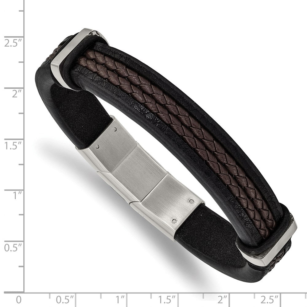 Chisel Stainless Steel Polished Black and Brown Braided Leather 8 inch Bracelet with .5 inch Extension SRB2411-8