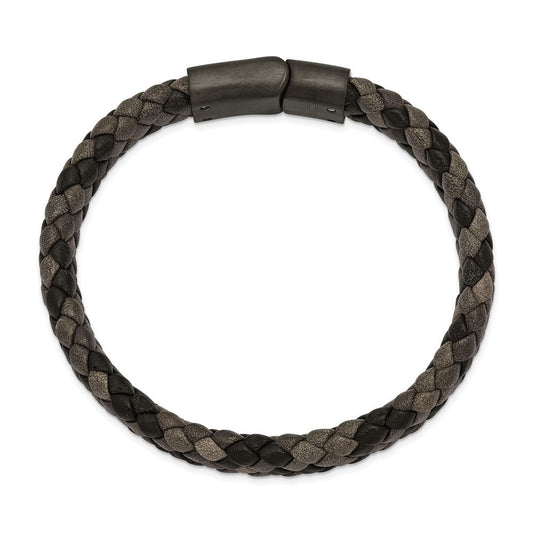 Chisel Stainless Steel Brushed Gun Metal IP-plated Brown Braided Leather 8.25 inch Bracelet SRB2417-8.25