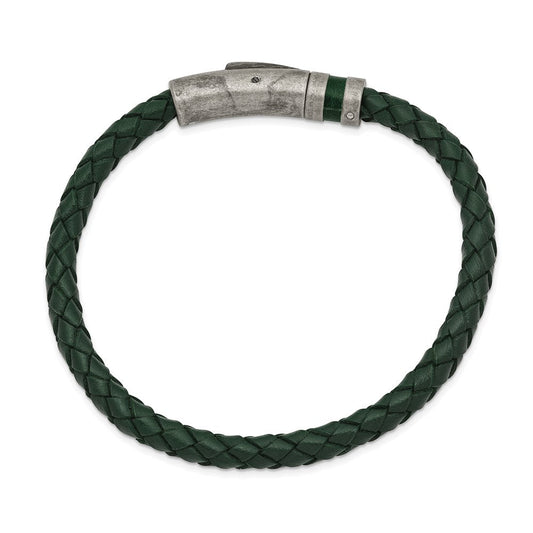 Chisel Stainless Steel Antiqued Green Braided Leather 8.25 inch Bracelet SRB2421-8.25