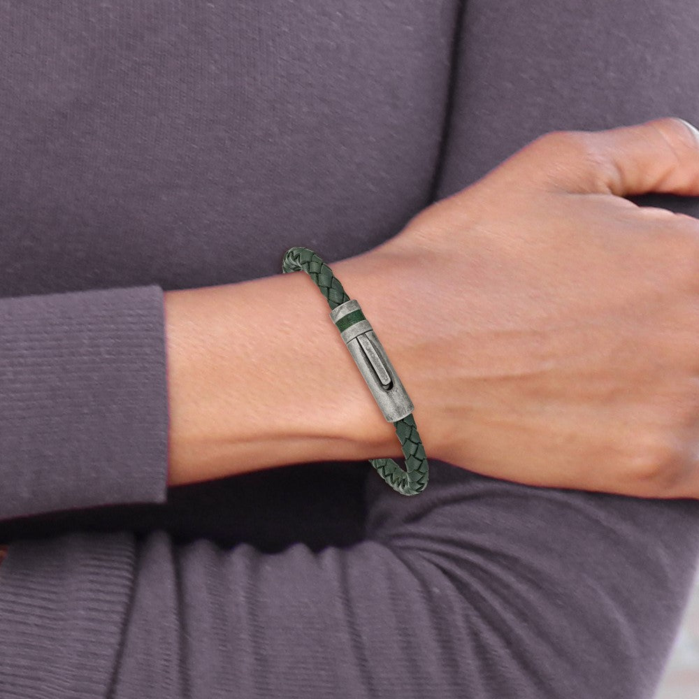 Chisel Stainless Steel Antiqued Green Braided Leather 8.25 inch Bracelet SRB2421-8.25