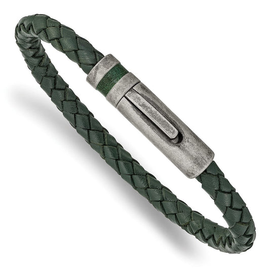 Chisel Stainless Steel Antiqued Green Braided Leather 8.25 inch Bracelet SRB2421-8.25