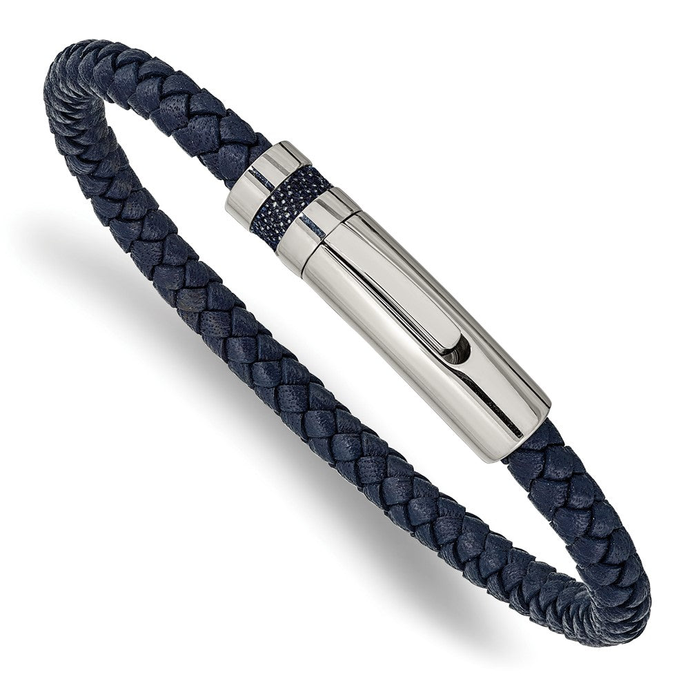 Chisel Stainless Steel Polished Blue Braided Leather 8.25 inch Bracelet SRB2422-8.25
