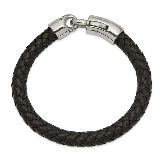 Chisel Stainless Steel Antiqued and Polished Black Braided Leather 8.25 inch Bracelet SRB2423-8.25