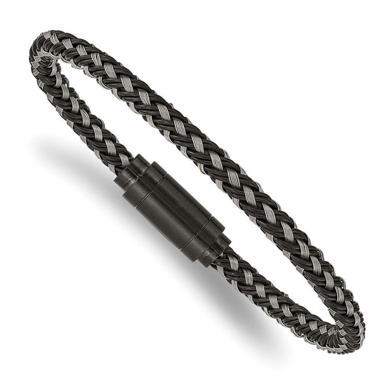 Chisel Stainless Steel Polished Black IP-plated Braided Wire and Rubber 8.25 inch Bracelet SRB2427-8.25