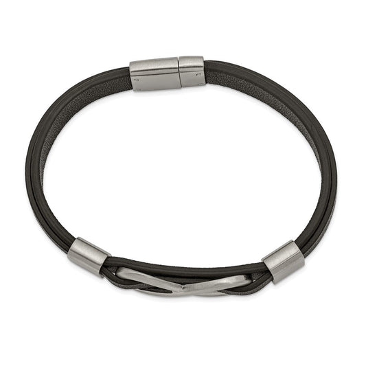 Chisel Stainless Steel Brushed and Polished Infinity Symbol Black Leather 8 inch Bracelet SRB2454-8