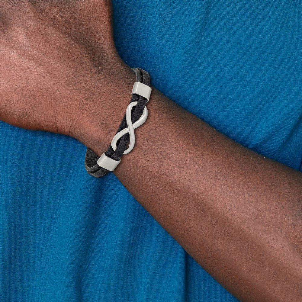 Chisel Stainless Steel Brushed and Polished Infinity Symbol Black Leather 8 inch Bracelet SRB2454-8