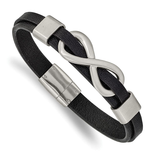 Chisel Stainless Steel Brushed and Polished Infinity Symbol Black Leather 8 inch Bracelet SRB2454-8