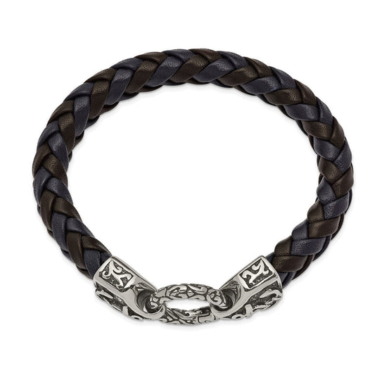 Chisel Stainless Steel Antiqued and Polished Black and Blue Braided Leather 8.25 inch Bracelet SRB2456-8.25