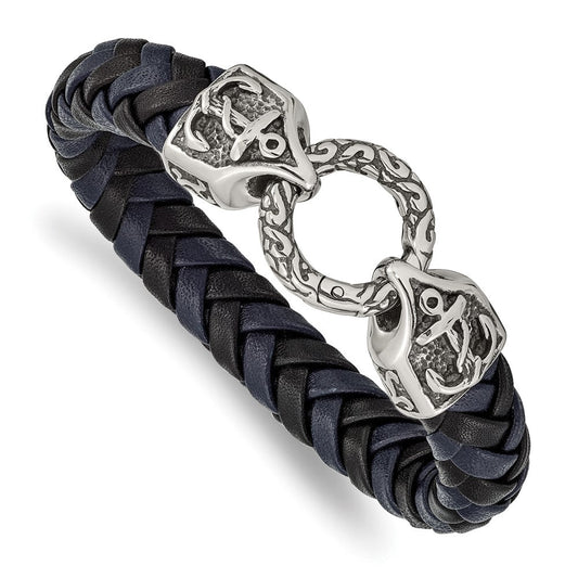 Chisel Stainless Steel Antiqued and Polished Black and Blue Braided Leather 8.25 inch Bracelet SRB2456-8.25