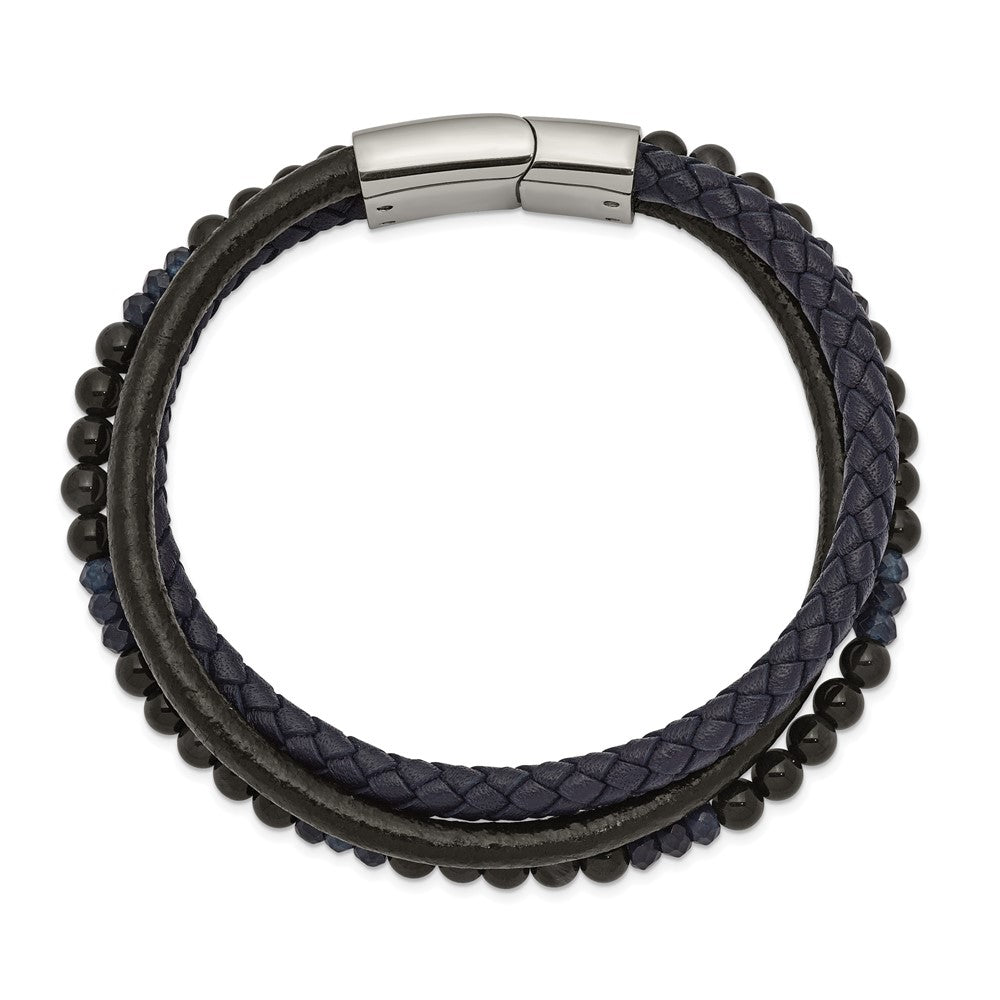 Chisel Stainless Steel Polished Multi Strand Blue Chalcedony and Tiger's Eye Beaded Black and Blue Leather 8.25 inch Bracelet SRB2462-8.25