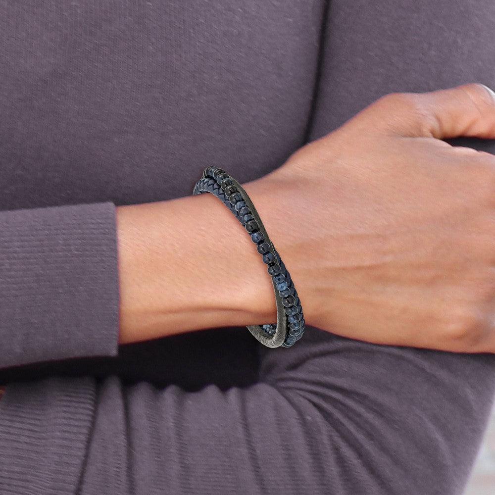 Chisel Stainless Steel Polished Multi Strand Blue Chalcedony and Tiger's Eye Beaded Black and Blue Leather 8.25 inch Bracelet SRB2462-8.25