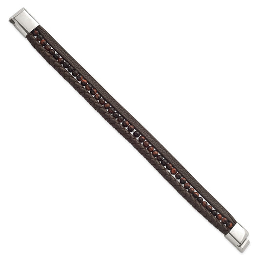 Chisel Stainless Steel Polished Multi Strand Tiger's Eye Beaded Brown Leather 8.25 inch Bracelet SRB2463-8.25