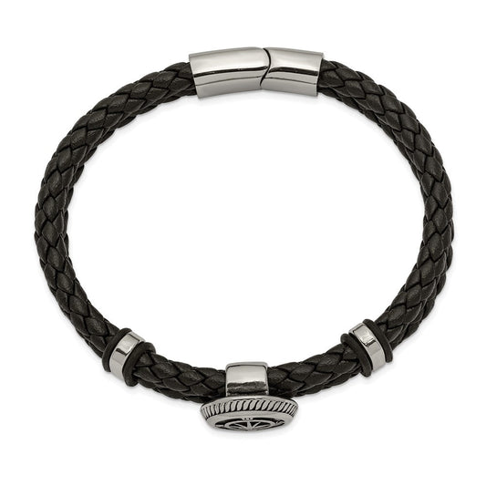 Chisel Stainless Steel Antiqued and Polished Compass Braided Black Leather 8 inch Bracelet SRB2473-8