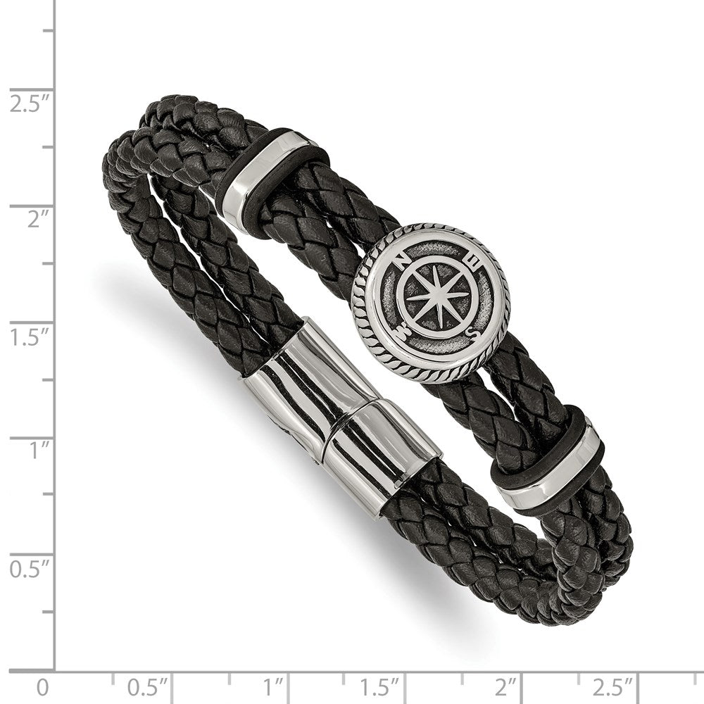 Chisel Stainless Steel Antiqued and Polished Compass Braided Black Leather 8 inch Bracelet SRB2473-8