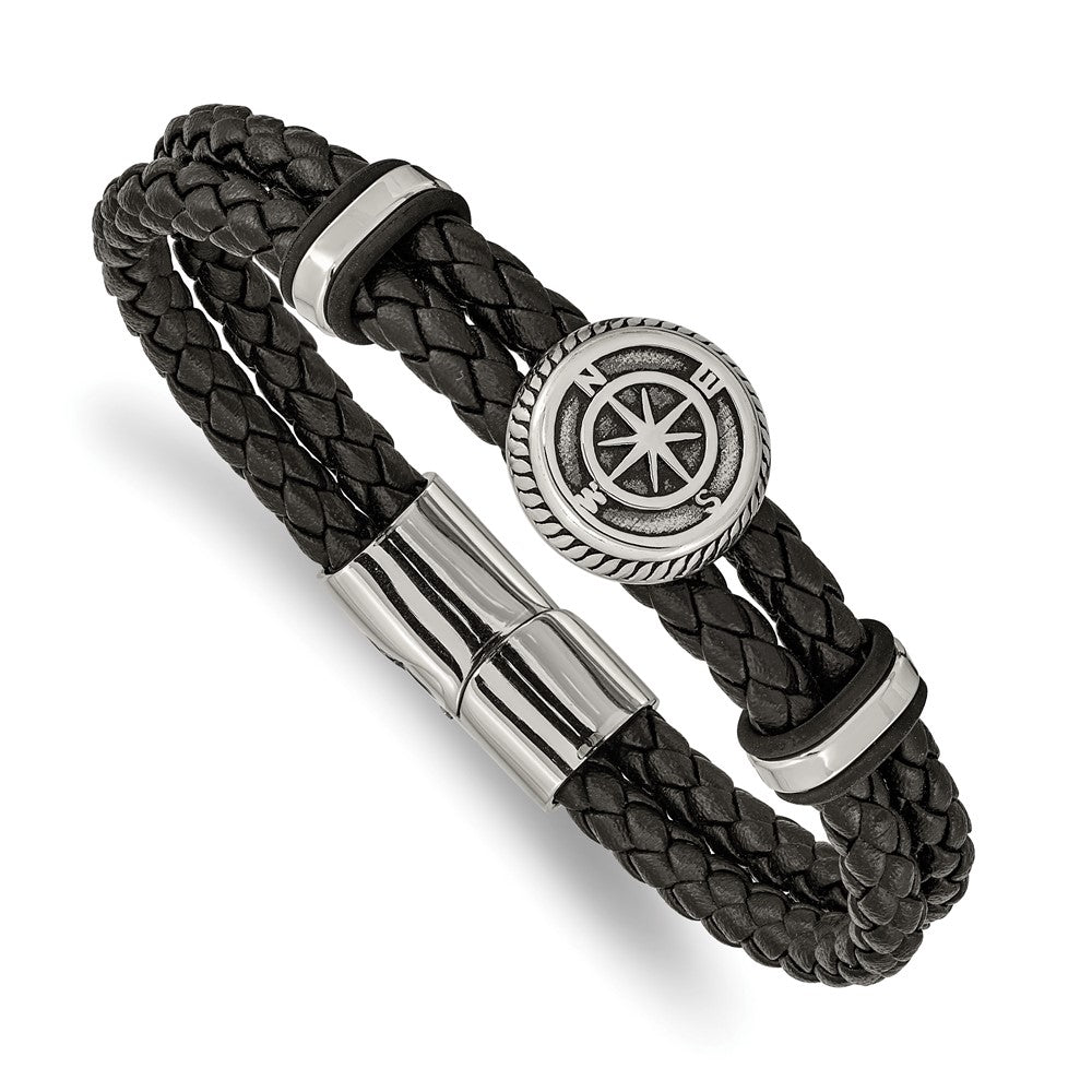 Chisel Stainless Steel Antiqued and Polished Compass Braided Black Leather 8 inch Bracelet SRB2473-8