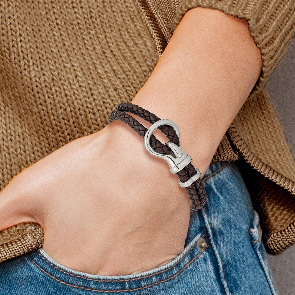 Chisel Stainless Steel Polished Brown Braided Leather 8 inch Bracelet SRB2476-8