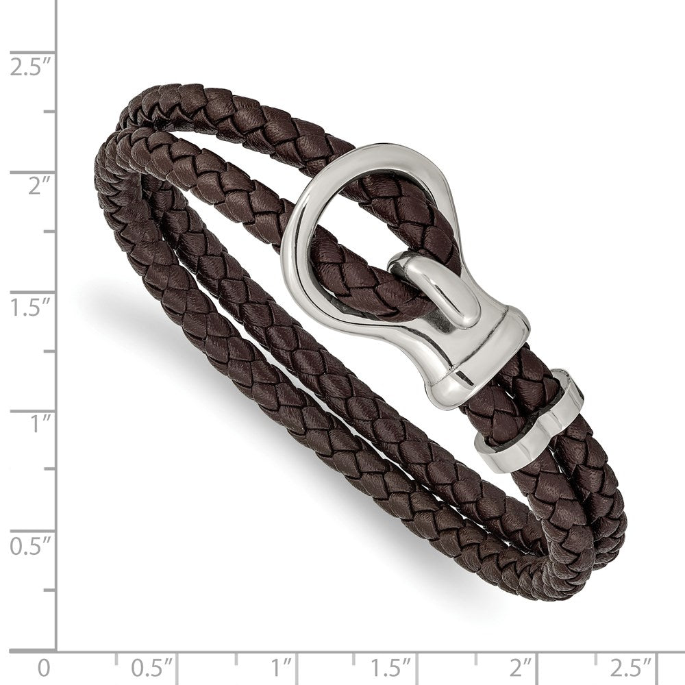 Chisel Stainless Steel Polished Brown Braided Leather 8 inch Bracelet SRB2476-8