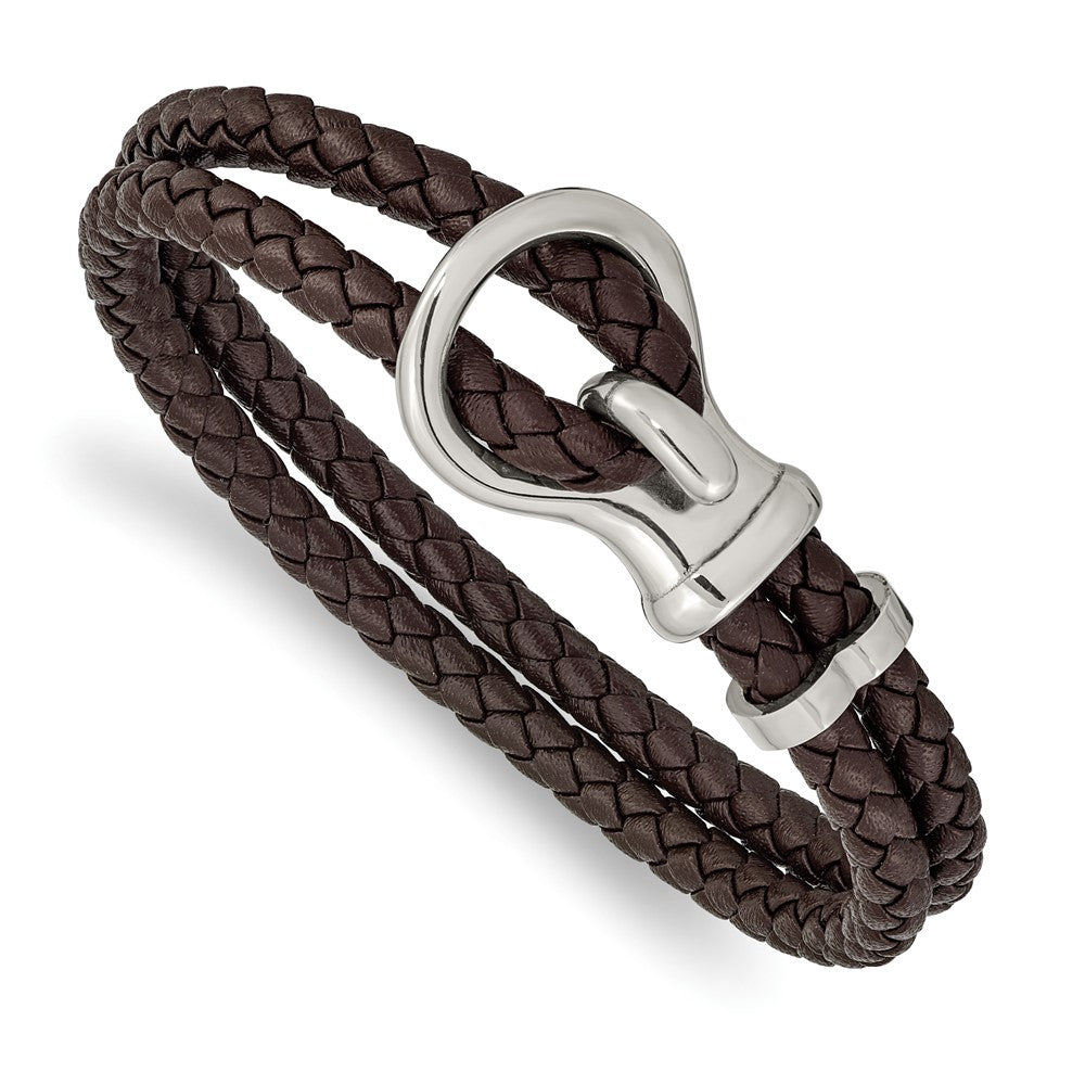 Chisel Stainless Steel Polished Brown Braided Leather 8 inch Bracelet SRB2476-8