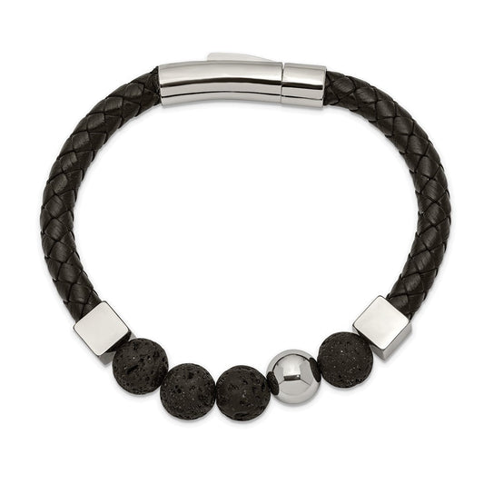 Chisel Stainless Steel Polished with Lava Stone Beads Black Leather 8 inch Bracelet SRB2484-8