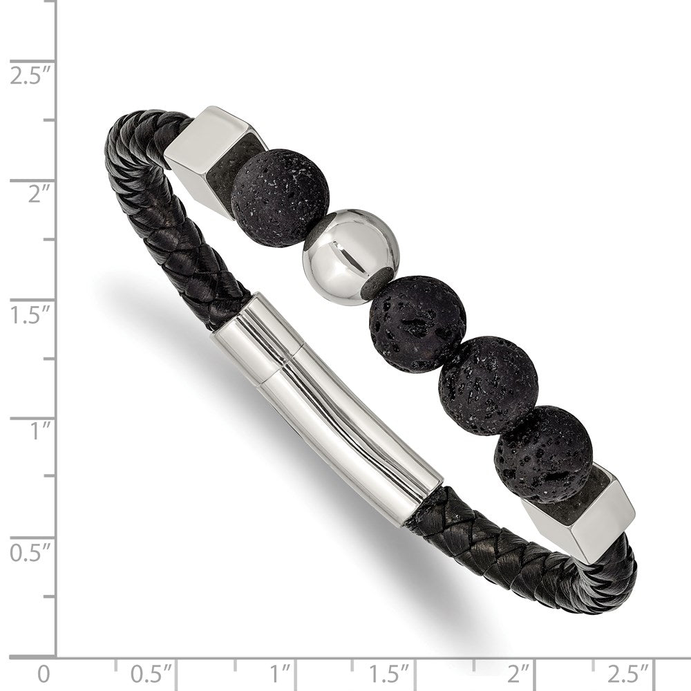 Chisel Stainless Steel Polished with Lava Stone Beads Black Leather 8 inch Bracelet SRB2484-8