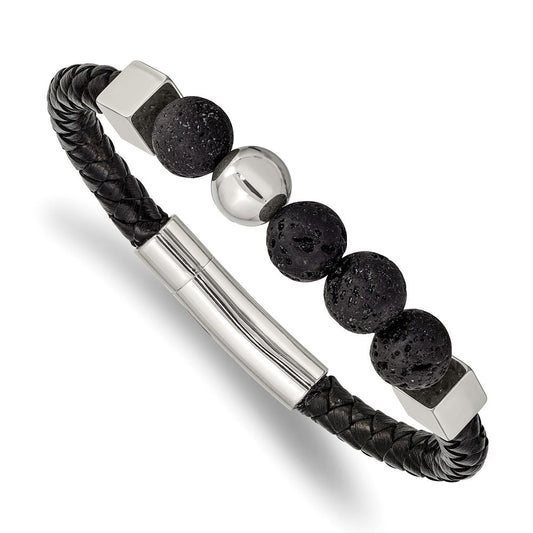 Chisel Stainless Steel Polished with Lava Stone Beads Black Leather 8 inch Bracelet SRB2484-8