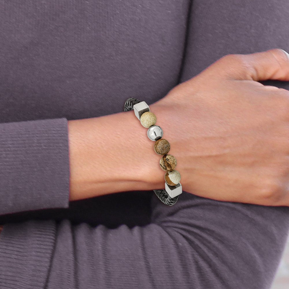 Chisel Stainless Steel Polished with Brown Jasper Beads Black Leather 8 inch Bracelet SRB2485-8