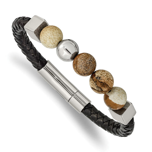 Chisel Stainless Steel Polished with Brown Jasper Beads Black Leather 8 inch Bracelet SRB2485-8