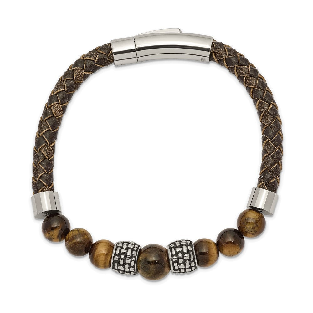 Chisel Stainless Steel Antiqued and Polished Tiger's Eye Beads Brown Leather 8.5 inch Bracelet SRB2489-8.5