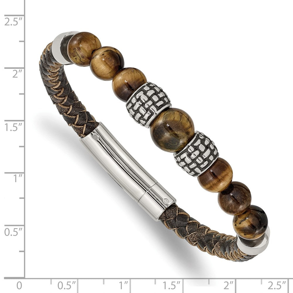 Chisel Stainless Steel Antiqued and Polished Tiger's Eye Beads Brown Leather 8.5 inch Bracelet SRB2489-8.5