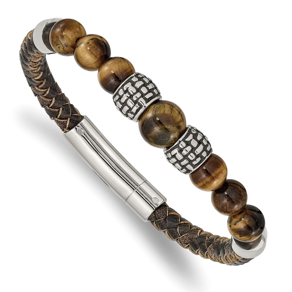 Chisel Stainless Steel Antiqued and Polished Tiger's Eye Beads Brown Leather 8.5 inch Bracelet SRB2489-8.5
