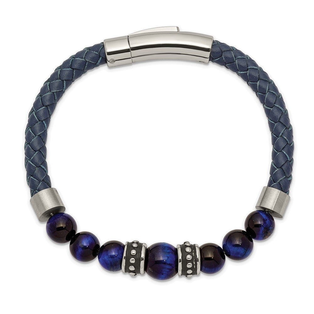 Chisel Stainless Steel Antiqued and Polished Blue Tiger's Eye Beads Blue Leather 8.25 inch Bracelet SRB2490-8.25