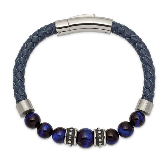 Chisel Stainless Steel Antiqued and Polished Blue Tiger's Eye Beads Blue Leather 8.25 inch Bracelet SRB2490-8.25